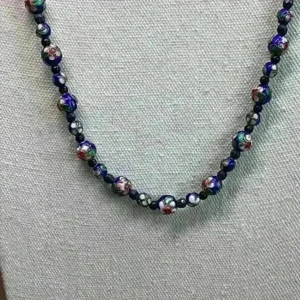 Vintage Cloisonné Blue Necklace Floral